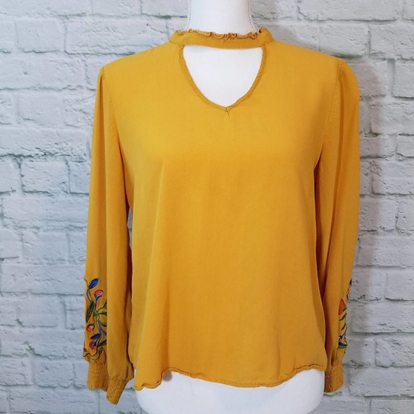 Available by Angela Fashion Tops - Floral Embroidery Detail Mustard Top Sz L